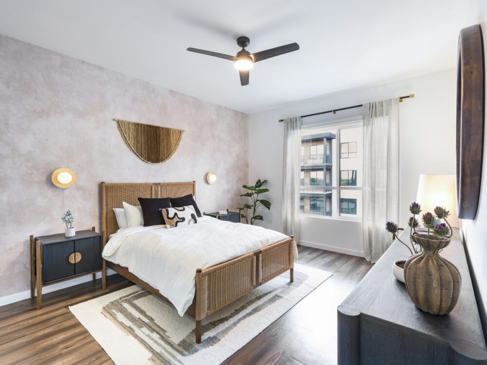 model apartment bedroom at modera higley commons